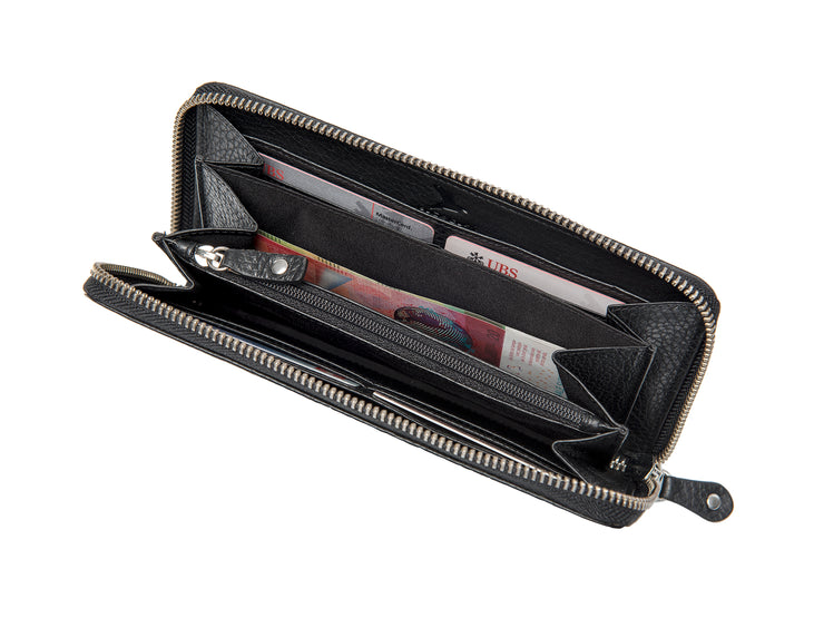 Ansicht geöffnetes und gefülltes Portemonnaie Leder - HiClass Accessoire,  schwarz
